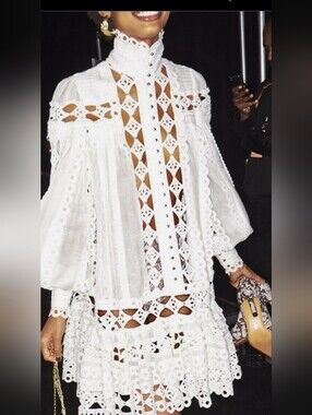 Zimmermann Vibe White Lace Eyelet Button-Front Tunic Dress